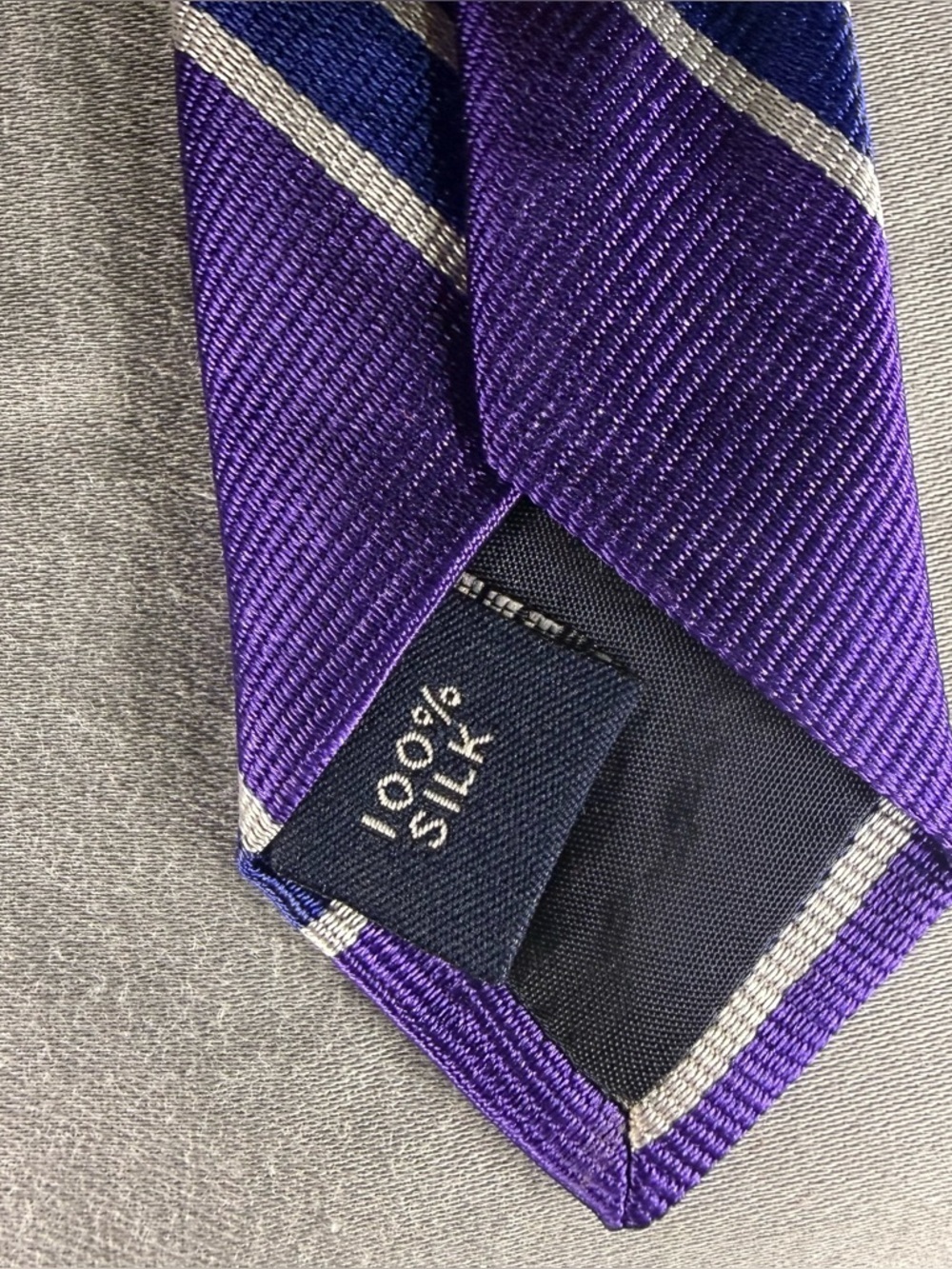 J.Crew Purple Blue Silver 100% Silk Striped Tie Handmade Wedding Guest Office - Picture 5 of 7